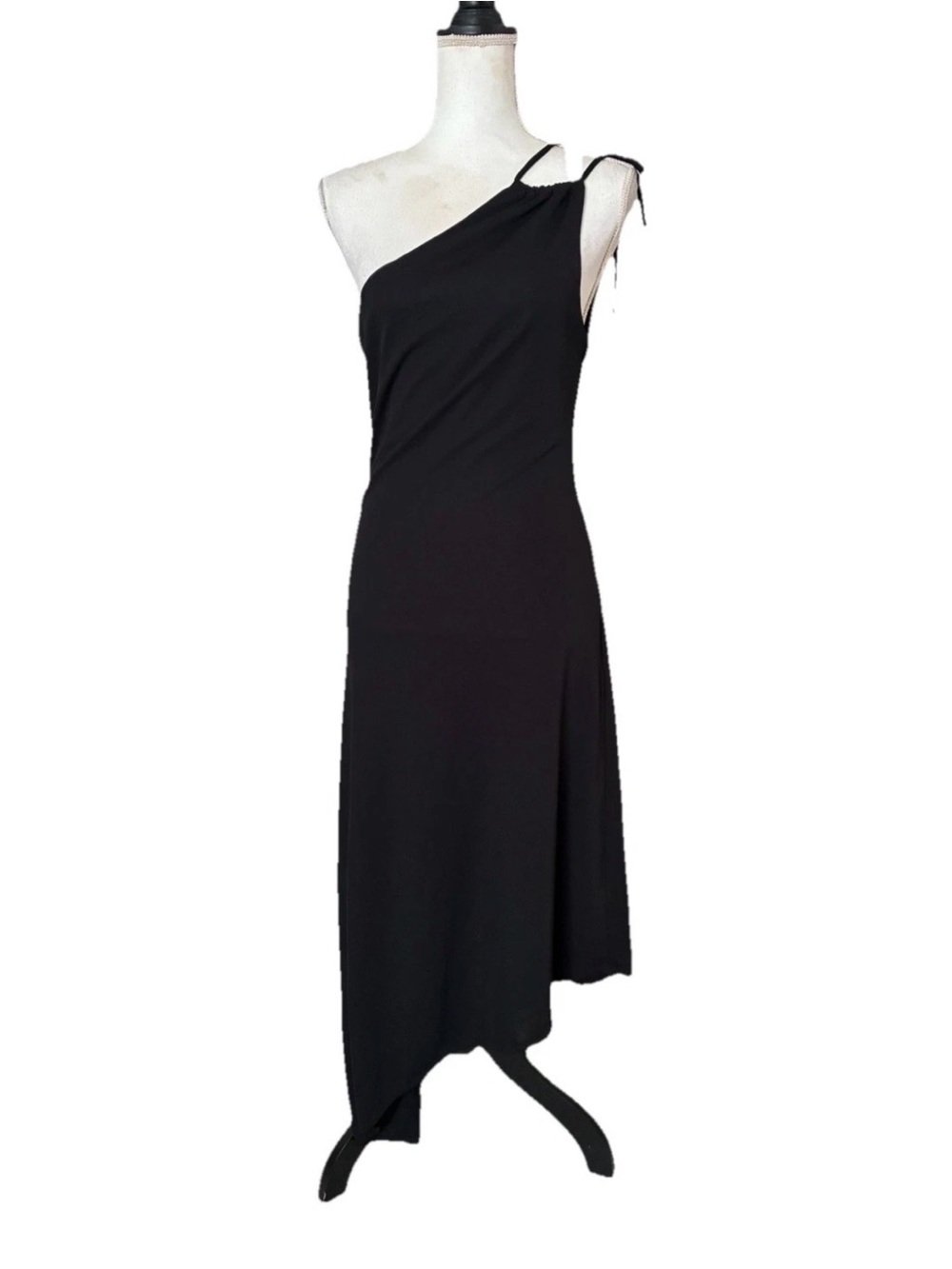 One-Shoulder Black Asymmetric Midi Dress with Shoulder Tie
